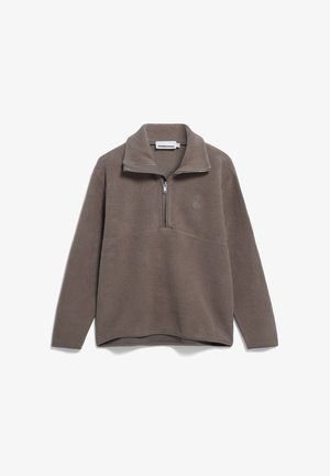 Bruine fleece pullover met een halve rits kraag, voorzien van een geborduurd logo op de borst en een zachte, gestructureerde oppervlakte.