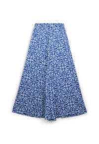 Gonna maxi blu e bianca con motivo floreale, cintura elastica, tessuto fluido e una silhouette ampia a forma di A.