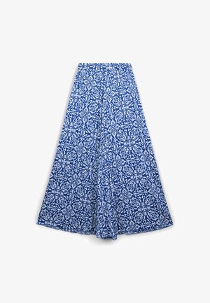 Maxi-Rock in Blau und Weiß mit floralem Muster, elastischem Bund, fließendem Material und weiter A-Linie.