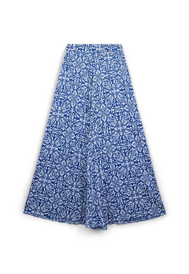 Gonna maxi blu e bianca con motivo floreale, cintura elastica, tessuto fluido e una silhouette ampia a forma di A.