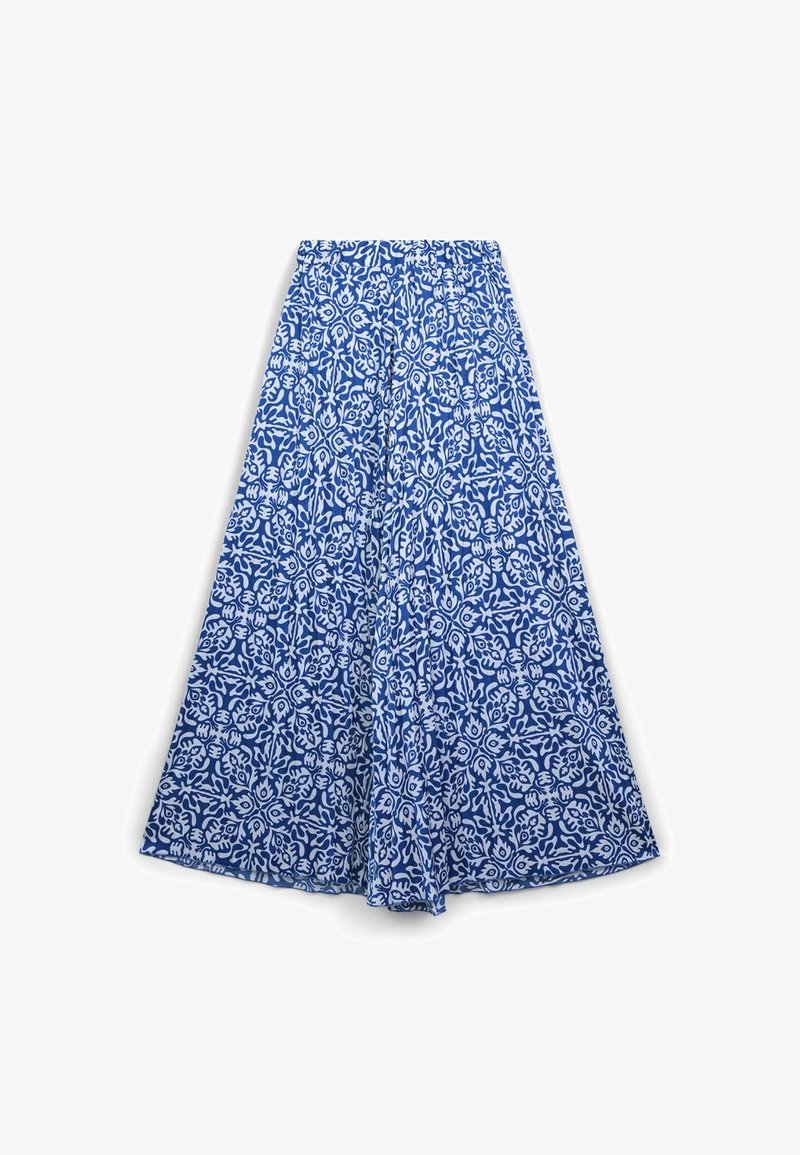 Maxi-Rock in Blau und Weiß mit floralem Muster, elastischem Bund, fließendem Material und weiter A-Linie.