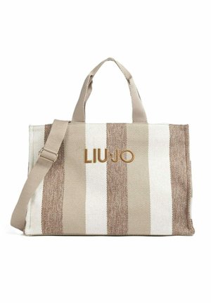 Sac fourre-tout rectangulaire à rayures beiges et blanches avec doubles poignées, bandoulière réglable et logo doré "LIU•JO" à l'avant.