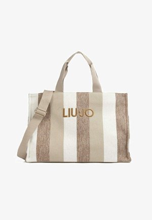 Sac fourre-tout rectangulaire à rayures beiges et blanches avec doubles poignées, bandoulière réglable et logo doré "LIU•JO" à l'avant.