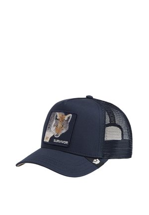 Gorra de camionero azul marino con parte trasera de rejilla, que presenta un parche con la cabeza de un zorro y la palabra "SURVIVOR" en el panel frontal.