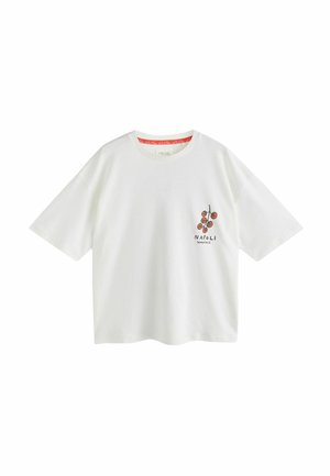 White cotton T-shirt with short sleeves, featuring a red and green cherry graphic and "NAPOLI TOMATE" text on the left side.