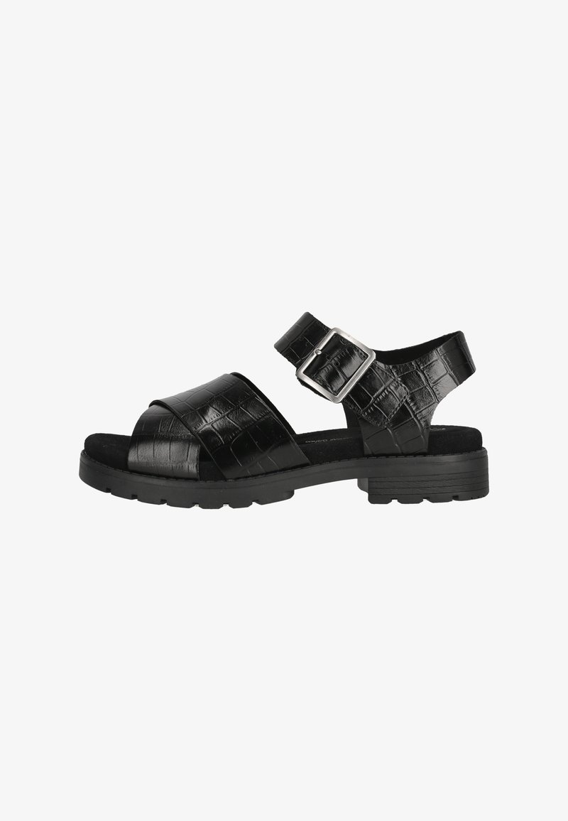 Black sandals made of faux leather with a crocodile texture. Features two wide straps and an adjustable ankle strap with a silver buckle.