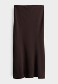 Gonna midi marrone realizzata in un tessuto liscio ed elasticizzato. Presenta un delicato dettaglio delle cuciture e una silhouette pulita e semplice con un leggero svaso all'orlo.