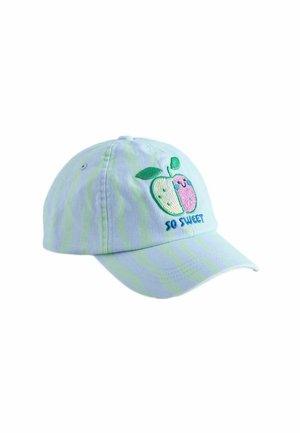 Svetlomodrá a zelená pruhovaná čiapka s vyšívaným usmievavým polovičným jablkovým motívom a textom "SO SWEET" vpredu.