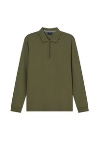 Olivengrünes Langarm-Polohemd mit Reißverschlusskragen, aus weichem Stoff, mit glatter Textur und minimalistischen Design.