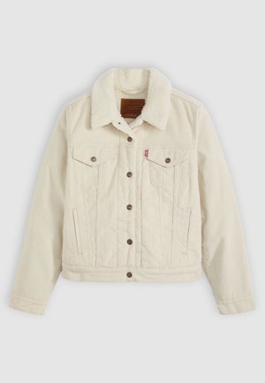 Veste en denim crème avec un col en fausse fourrure, équipée de deux poches poitrine, d'une fermeture à boutons sur le devant et de subtils détails de couture verticale.