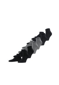 Svarta och grå ankelsockor med mjuk textur, rippade muddar och en enhetlig design. Sex par visas i en överlappande arrangemang.