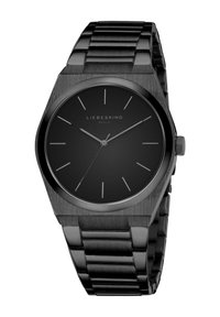 Orologio in metallo nero con cassa geometrica, quadrante minimalista nero, indicatori delle ore argentati e un bracciale a maglia progettato per resistenza e comfort.