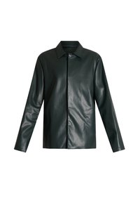 Giacca camicia in pelle verde scuro con maniche lunghe, colletto e chiusura frontale con bottoni. Texture liscia e design minimalista.