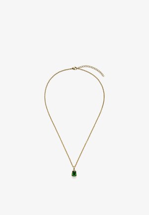 Collier chaîne en or avec pendentif en pierre précieuse verte rectangulaire, surface lisse et longueur ajustable avec fermoir à l'arrière.
