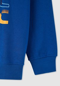 Felpa blu con polsini a coste, tessuto morbido e stampati grafici audaci in colori contrastanti sul davanti.