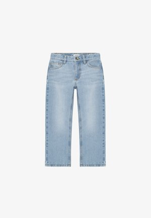 Lyseblå denimjeans med rett snitt, frontlommer og enkelt knappefeste. Har falmet finish og kontrasterende søm.