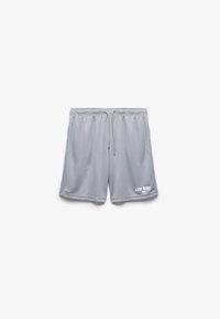 Grå sports shorts lavet af letvægtsstof, med en elastisk talje med snore og en "KEEP READY" tekstdetalje i hvid.