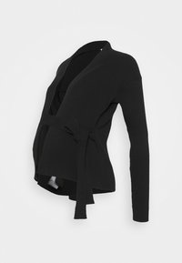 Czarny dziany kardigan z długimi rękawami i paskiem w talii. Posiada teksturowany materiał oraz otwarty krój.