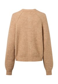 Beige gebreide trui met een textuurafwerking, voorzien van een ronde halslijn en raglanmouwen, ontworpen voor een comfortabele pasvorm.