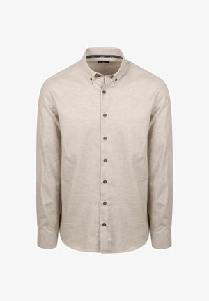 Licht beige overhemd met lange mouwen, gemaakt van zachte stof. Heeft een button-down kraag en zes donkere knopen aan de voorkant, met een afgeronde zoom.