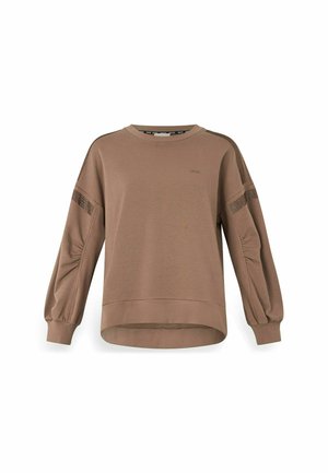 Lichte bruine pullover sweatshirt met lange mouwen, gestructureerde accenten op de schouders, afgeronde zoom en subtiele logo bij de hals.