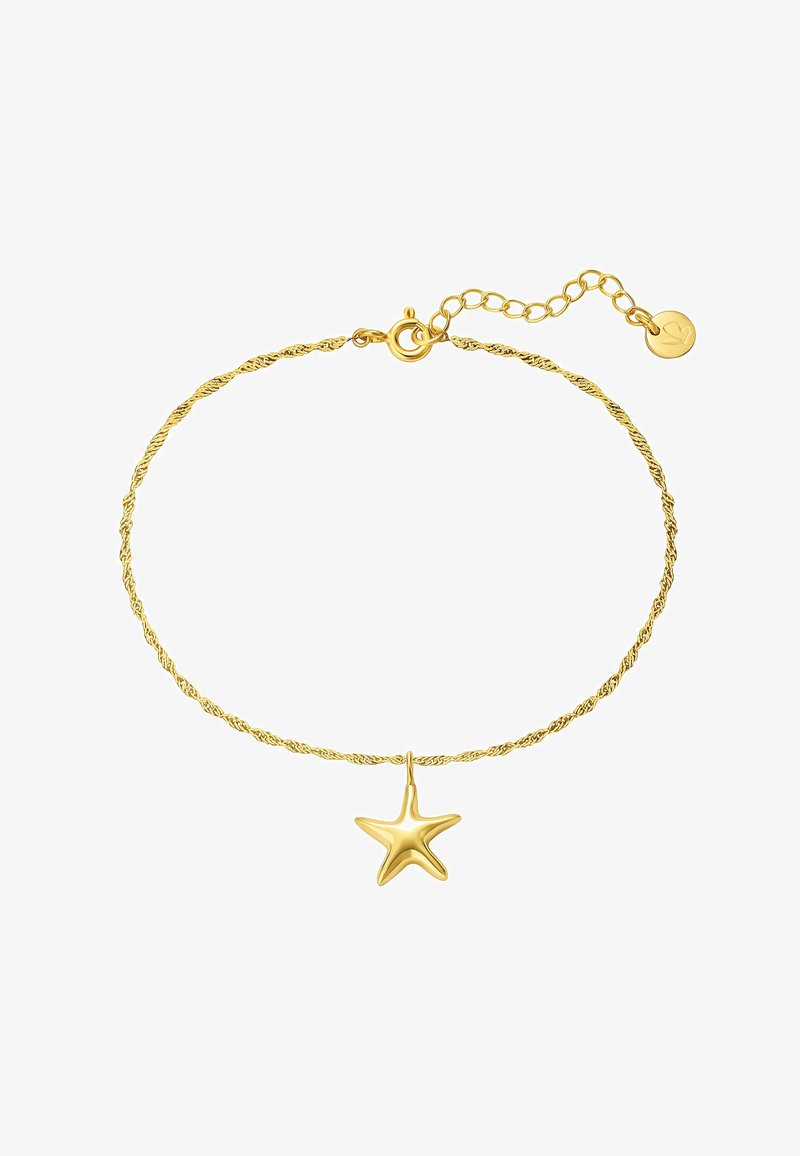 Zelta savītas ķēdes aproce ar zvaigznes formas piekariņu. Regulējama garums ar sprādzi un pagarinājuma ķēdi. Gluda tekstūra, spīdoša apdare.