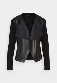 Schwarze Jacke mit einer Kombination aus Leder und Stoff. Verfügt über einen Schalkragen und ein offenes Frontdesign. Lange Ärmel aus einem weichen, dehnbaren Material.