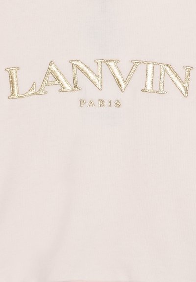Light pink cotton sweatshirt featuring "LANVIN" embroidered in gold thread above "PARIS." Soft texture with a classic crew neck design.