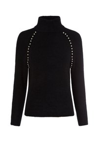 Schwarzer Rollkragenpullover mit langen Ärmeln, der über ein strukturiertes Strickmuster und silberne Perlenverzierungen entlang der Raglannähte verfügt.