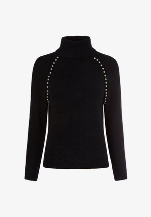 Schwarzer Rollkragenpullover mit langen Ärmeln, der über ein strukturiertes Strickmuster und silberne Perlenverzierungen entlang der Raglannähte verfügt.