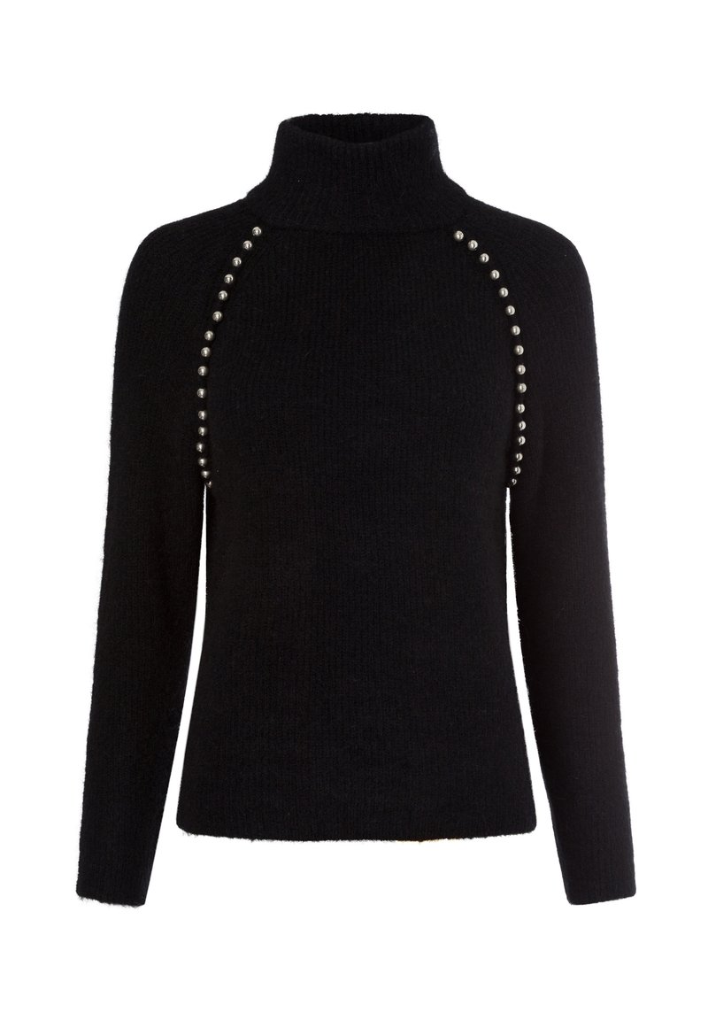 Schwarzer Rollkragenpullover mit langen Ärmeln, der über ein strukturiertes Strickmuster und silberne Perlenverzierungen entlang der Raglannähte verfügt.