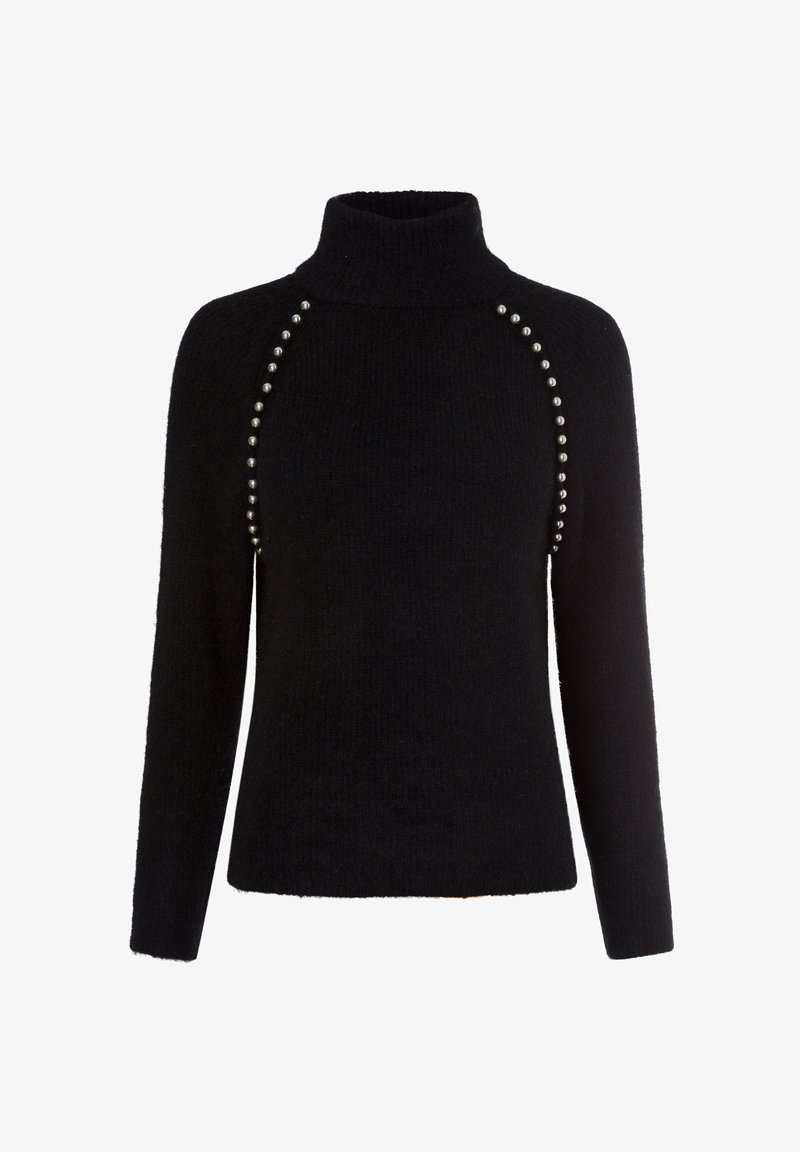 Zwarte coltrui met lange mouwen, voorzien van een gestructureerde breiwerk en zilveren kralendetails langs de raglan naden.