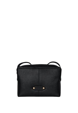 Borsa tracolla rettangolare in pelle nera con due cinturini e una piccola targhetta in metallo con il logo sul davanti al centro.