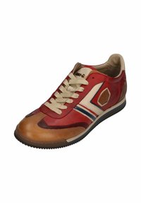 Red and beige leather sneaker with textured panels, round toe, beige laces, blue and white stripes, and rubber sole with grip.