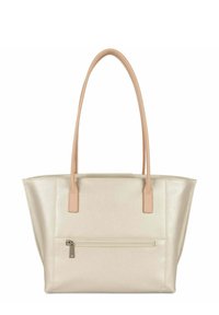 Sac fourre-tout en faux cuir texturé doré clair, avec deux longues poignées beige, une poche zippée à l'avant et une conception à ouverture supérieure.