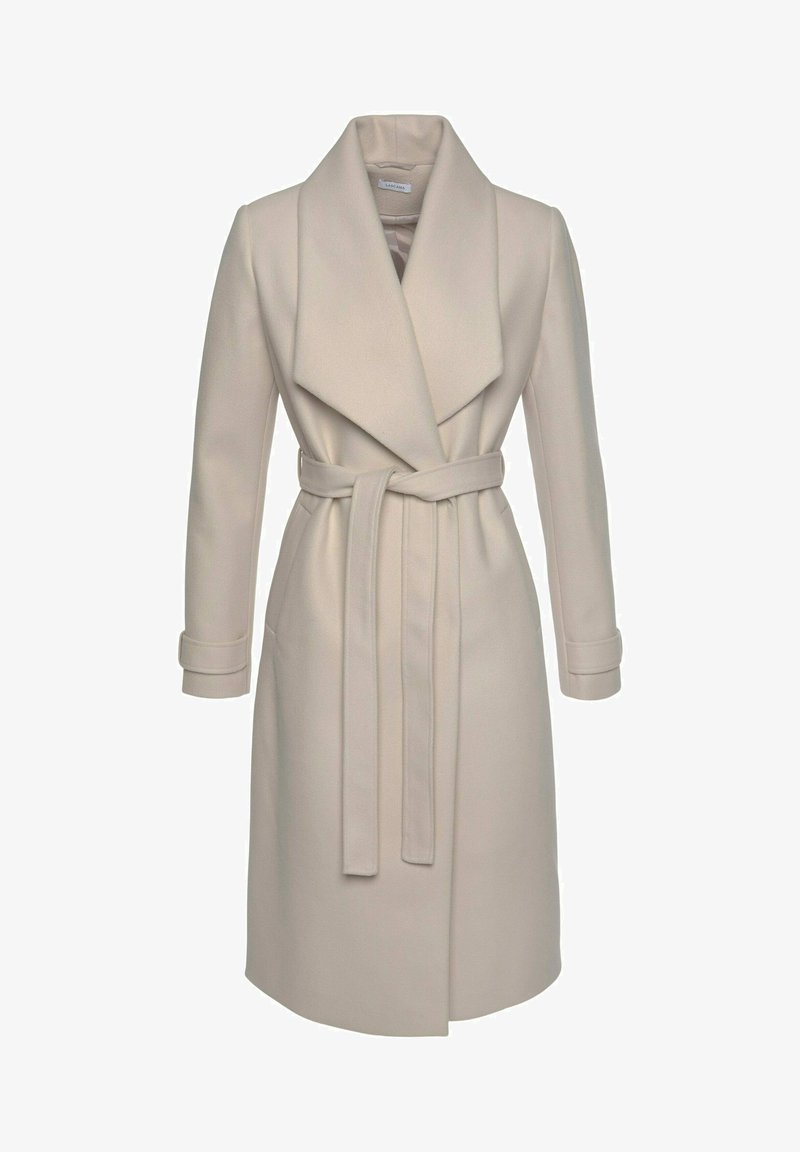 Lange, beige, wollen mix jas met een brede kraag, een ceintuur in de taille en manchetten. Heeft een soepele textuur en een getailleerde pasvorm.