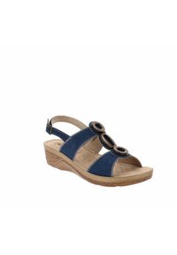 Sandalo blu con due accentuazioni circolari marroni, cinturino regolabile e suola a zeppa leggera; presenta materiale testurizzato e dettagli di cucitura.