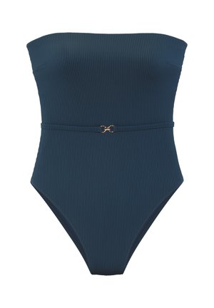 Dunkelblauer trägerloser, gerippter Badeanzug mit schmalem Gürtel und kleinem goldfarbenem Verschlussdetail an der Taille.