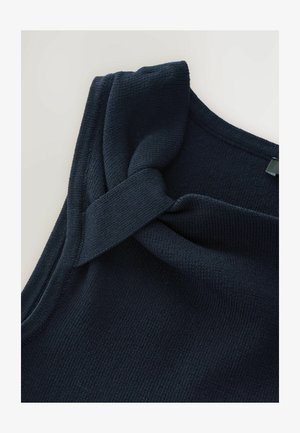 Navy knitted top with a twisted collar design. Smooth texture and round neckline. Features subtle ribbing along the edges.