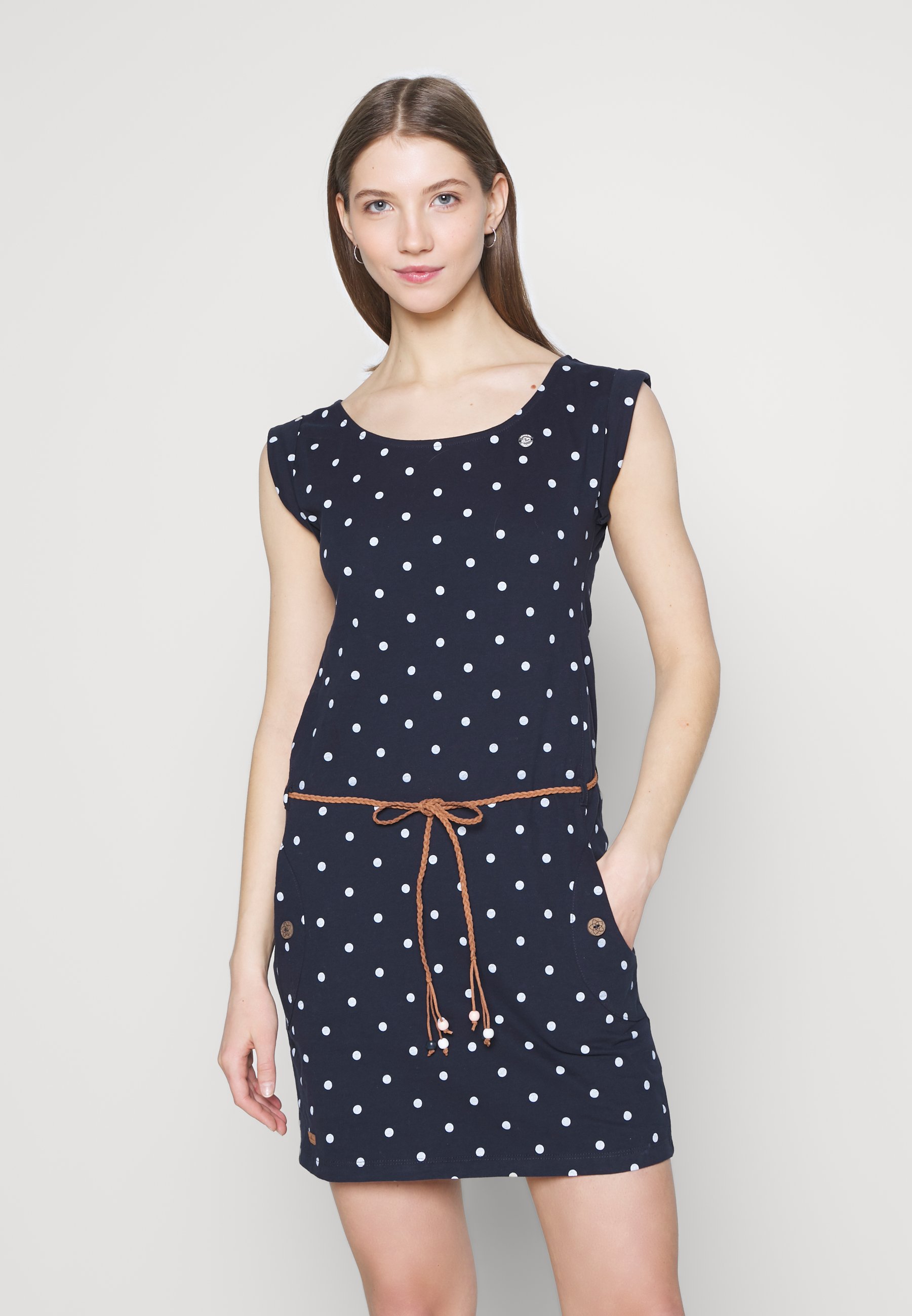 navy polka dot shift dress