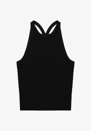 Czarny bezrękawnik z prążkowanej tkaniny, z zaokrąglonym dekoltem i unikalnym podwójnym paskiem z tyłu.