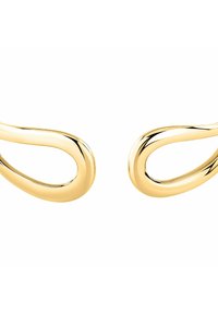 Orecchini color oro con un design a anello liscio ed allungato, caratterizzati da una finitura lucida che mette in risalto la loro forma fluida e l'estetica minimalista.