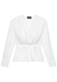 Vit långärmad blus med en omslagdesign, som har rynkade detaljer vid axlarna och ett band i midjan för en pösig look.