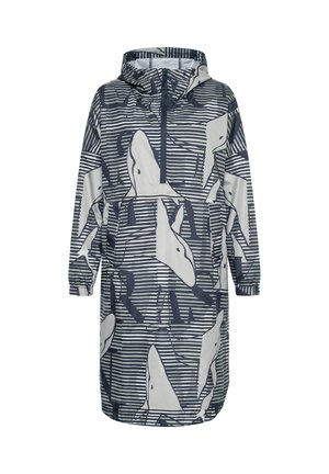 Lange regenjas met capuchon met marineblauwe en witte horizontale strepen en abstracte walvispatronen, voorrits en elastische manchetten.