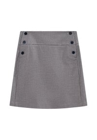 Spódniczka mini w kratę w kolorze granatowym i białym, z gładką fakturą, wysokim stanem oraz czterema dekoracyjnymi guzikami z przodu.