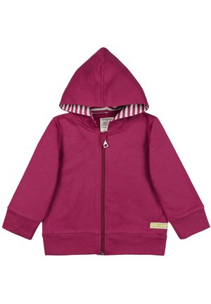 Fuchsia Kapuzenpullover mit einem Frontreißverschluss, gestreifter Innenseite und gerippten Ärmelbündchen. Weicher Baumwollstoff mit einem logierten Etikett am Saum.