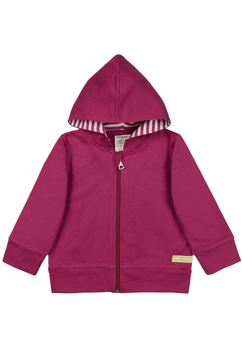Felpa con cappuccio fucsia, dotata di zip frontale, fodera interna a righe e polsini a costine. Tessuto in cotone morbido con etichetta logo sull'orlo.