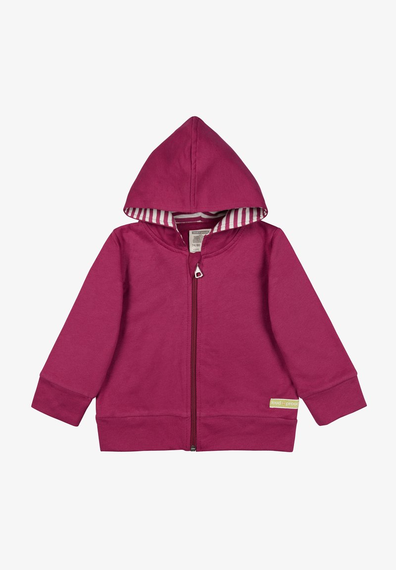 Felpa con cappuccio fucsia, dotata di zip frontale, fodera interna a righe e polsini a costine. Tessuto in cotone morbido con etichetta logo sull'orlo.