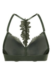 Soutien-gorge vert foncé avec bordures en dentelle sur les bonnets et un dos en dentelle florale avec des bretelles réglables.