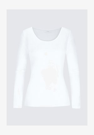 Biała koszula z długim rękawem i okrągłym dekoltem, wykonana z gładkiego materiału w dopasowanym fasonie. Brak widocznych wzorów i detali metalowych.